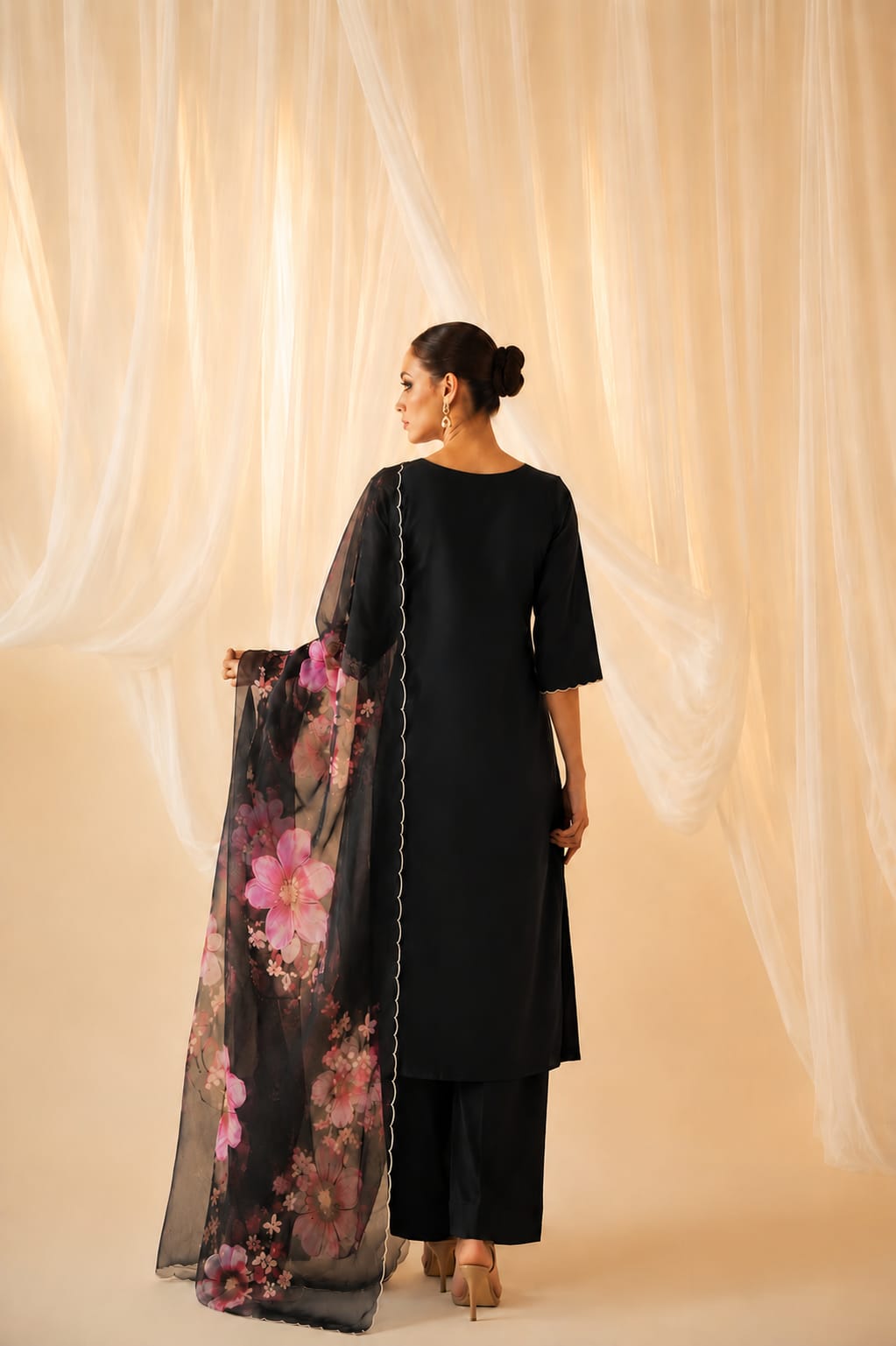 Black Floral Embroidered Straight Kurta Set with Printed Organza Dupatta.