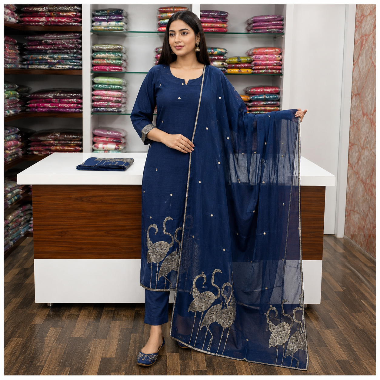 Women's Navy Blue Embroidered Kurta Set with Sheer Dupatta