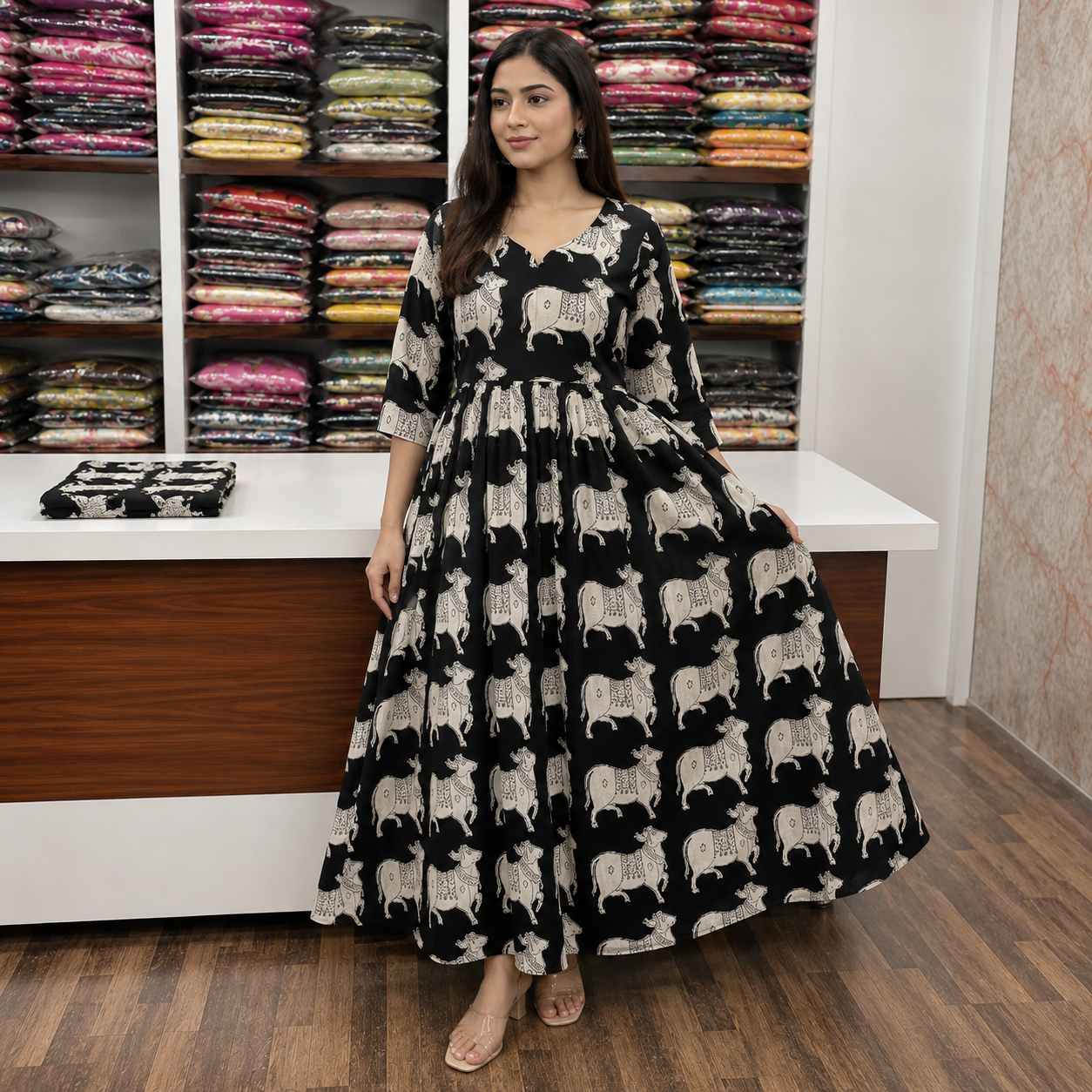 Women's Black Cotton Printed Anarkali Dress
