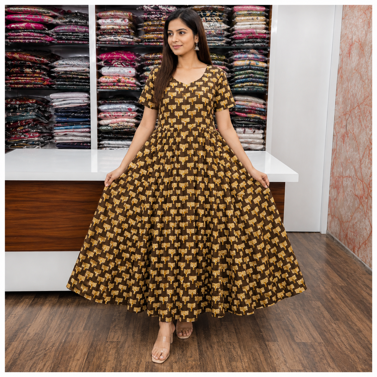 Women's Brown Cotton Printed Anarkali Dress