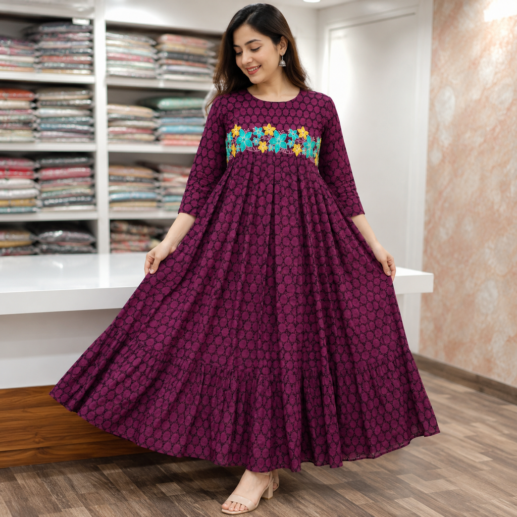 Women's Green Floral Print Cotton Blend Tiered Midi Dress with Puff Sleeves (Copy)
