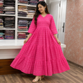 Women's Pink Cotton Tiered Maxi Dress with V-Neck