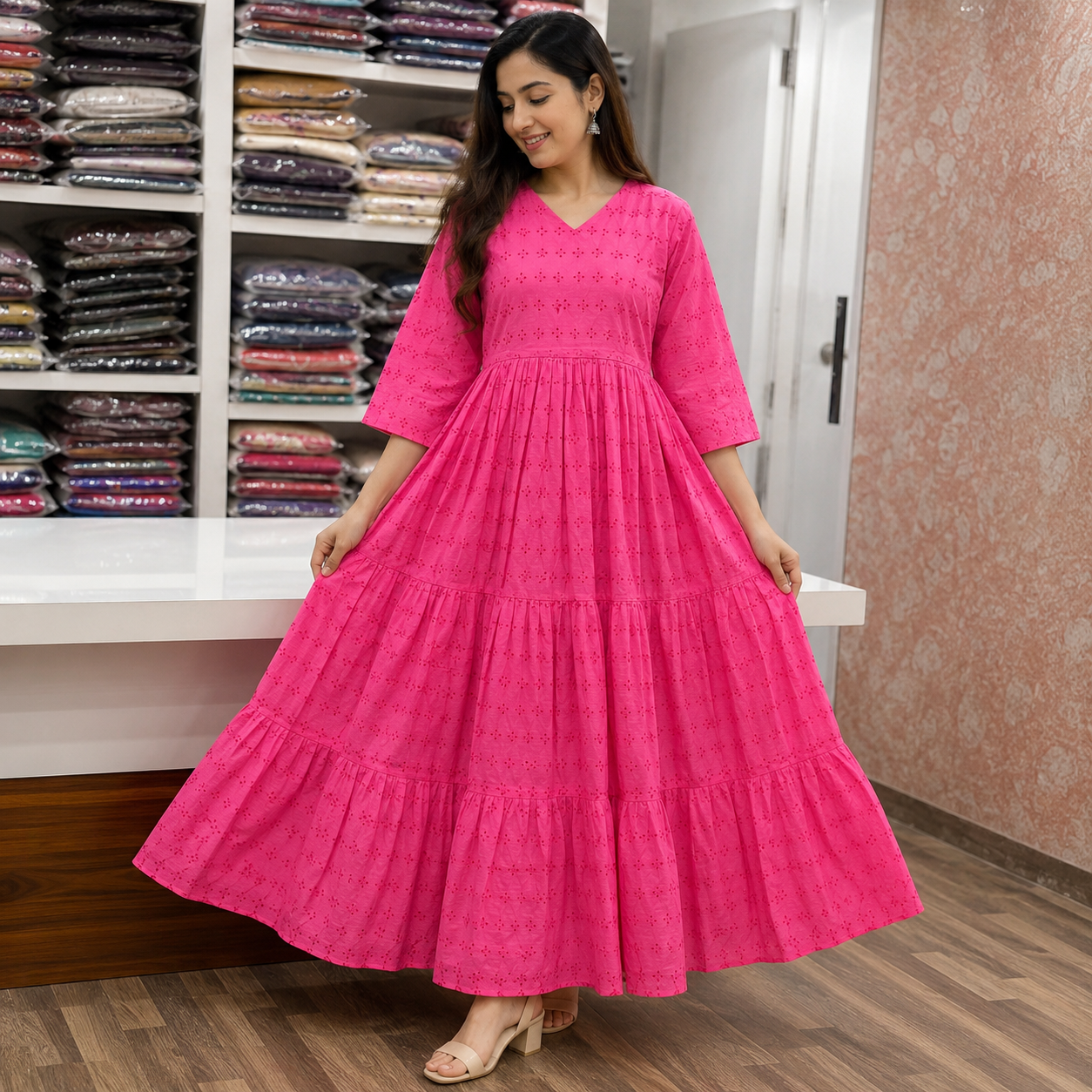Women's Pink Cotton Tiered Maxi Dress with V-Neck