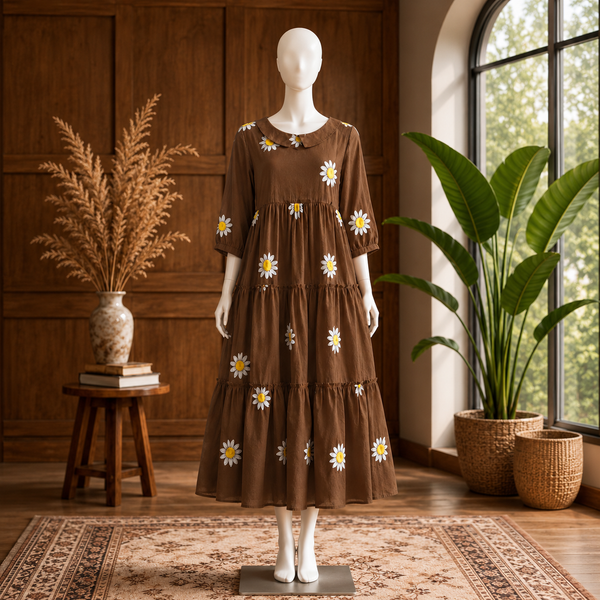 Women's Brown Cotton Floral Printed Tiered Midi Dress