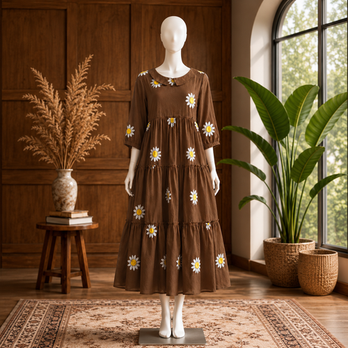 Women's Brown Cotton Floral Printed Tiered Midi Dress