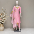 Women's Pink Cotton Embroidered Kurta Pant Set with Dupatta