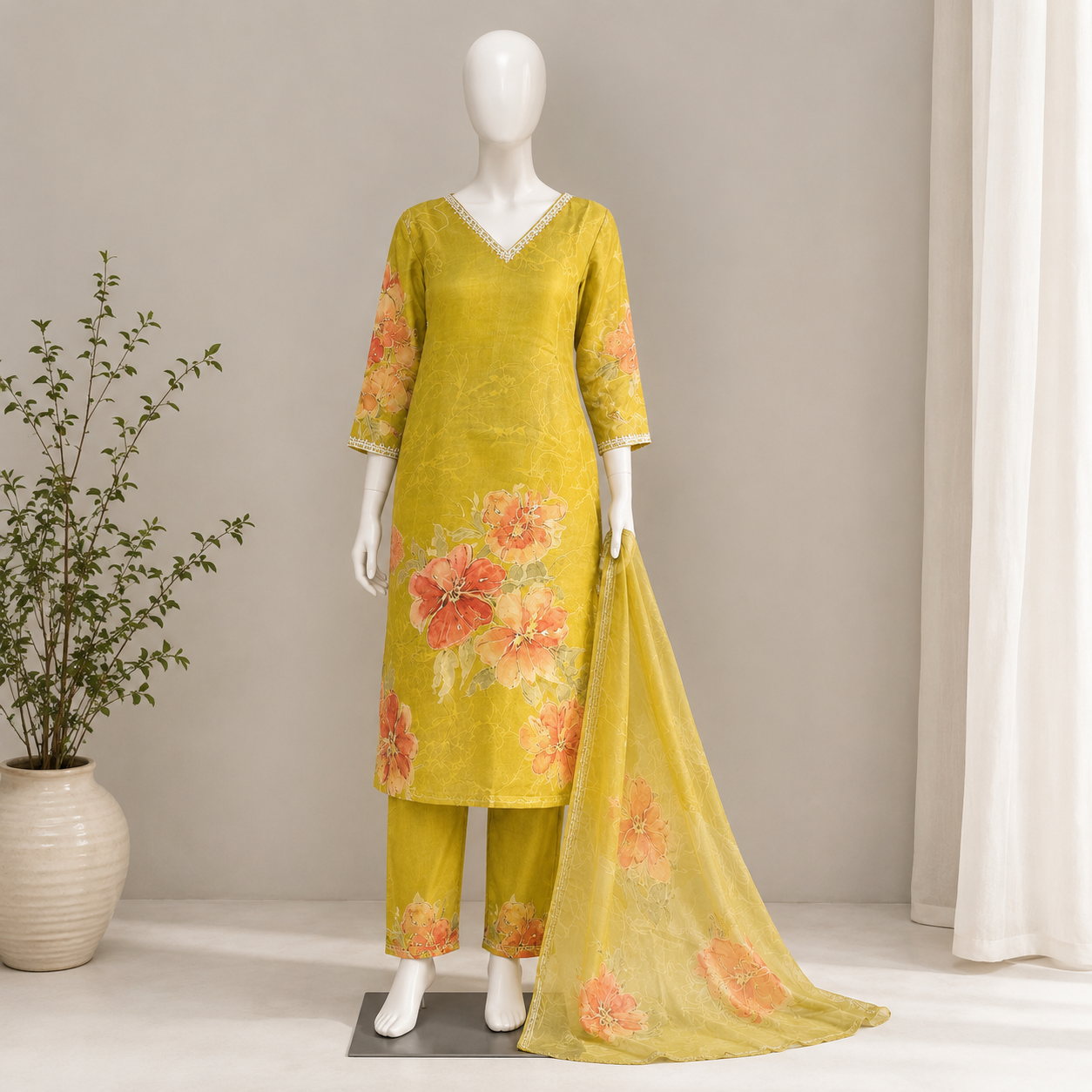 Women's Mustard Yellow Cotton Floral Printed Kurta Pant Set with Dupatta