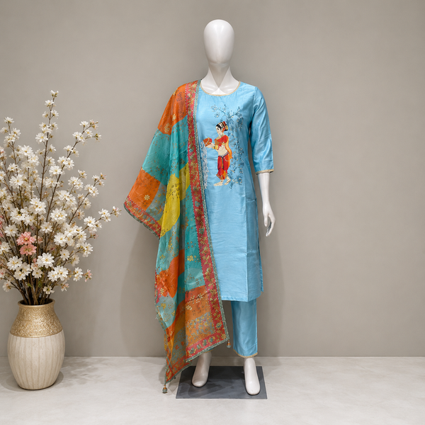 Women's Sky Blue Cotton Printed Kurta Pant Set with Dupatta