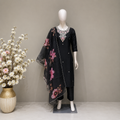 Women's Black Cotton Embroidered Kurta Pant Set with Dupatta