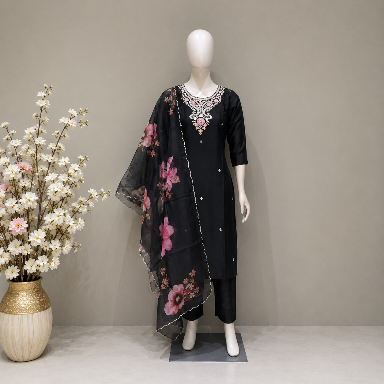 Women's Black Cotton Embroidered Kurta Pant Set with Dupatta
