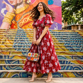 Women's Red Floral Printed Cotton Blend Midi Dress