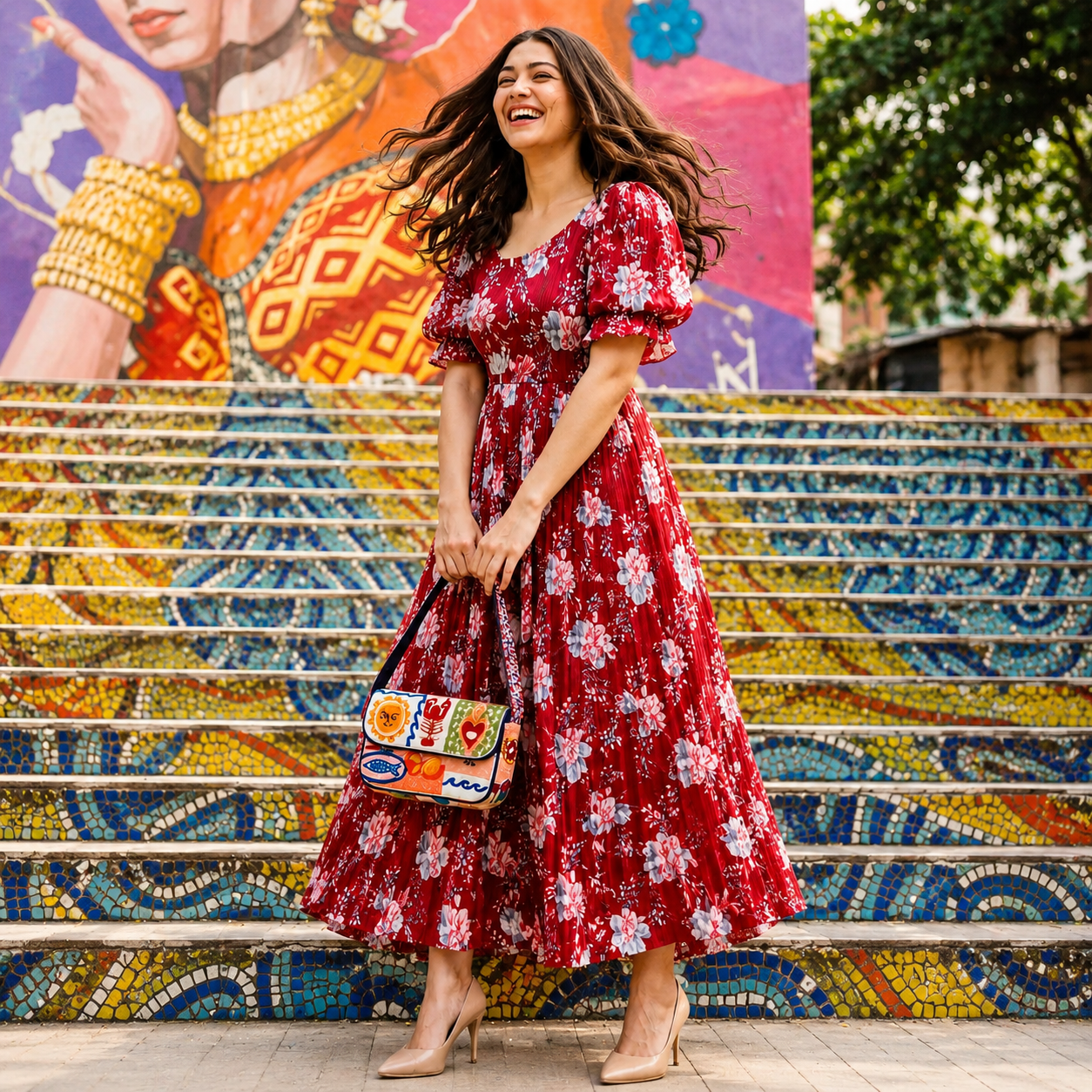 Women's Red Floral Printed Cotton Blend Midi Dress