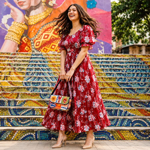 Women's Red Floral Printed Cotton Blend Midi Dress