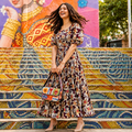 Women's Brown Floral Printed Cotton Blend Midi Dress