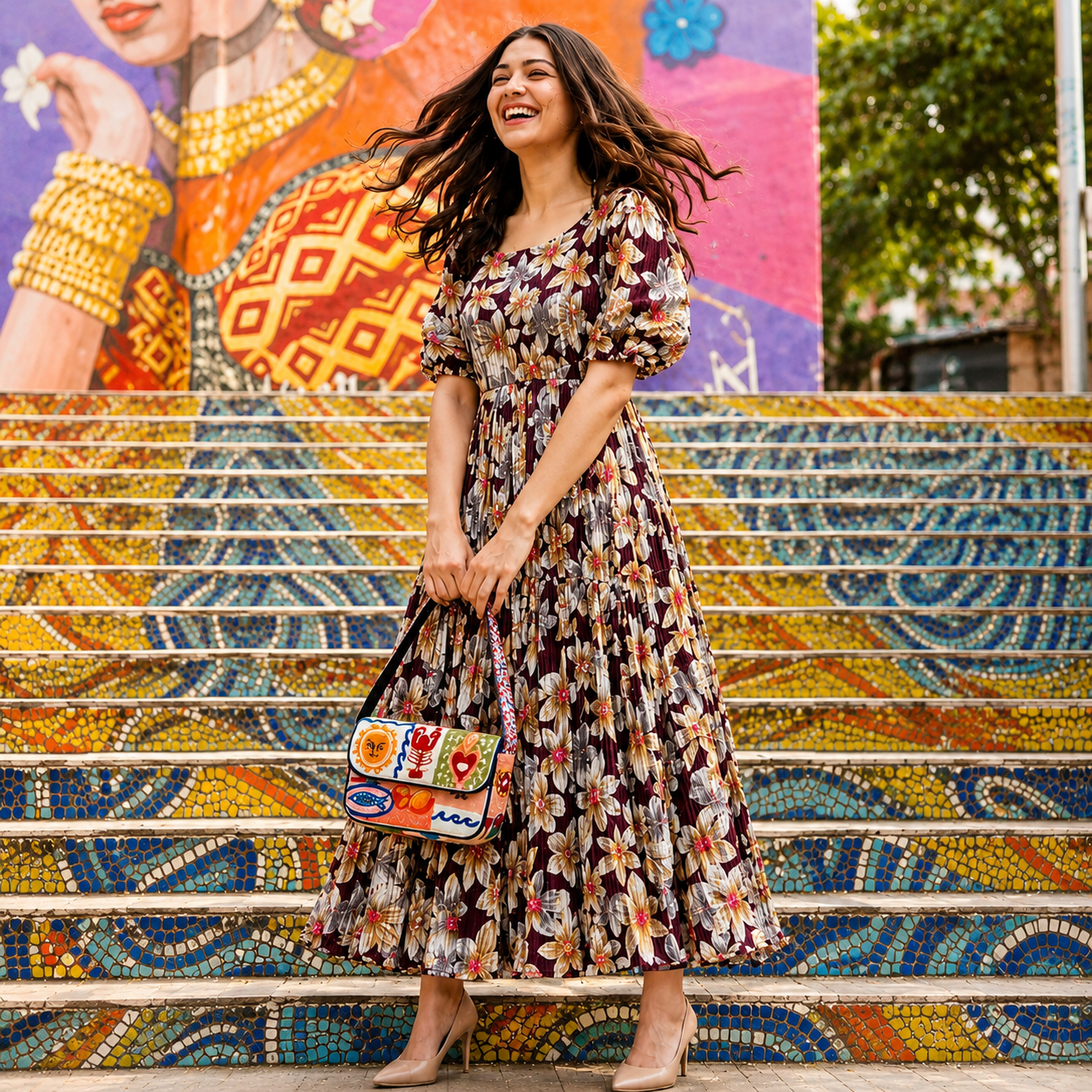 Women's Brown Floral Printed Cotton Blend Midi Dress