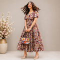 Women's Brown Floral Printed Cotton Blend Tiered Midi Dress