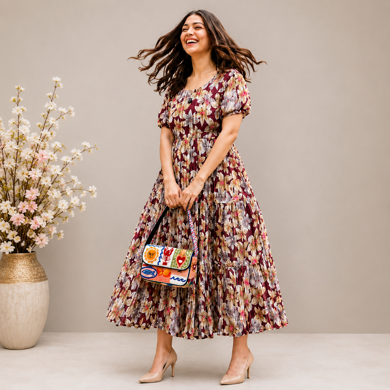 Women's Brown Floral Printed Cotton Blend Tiered Midi Dress