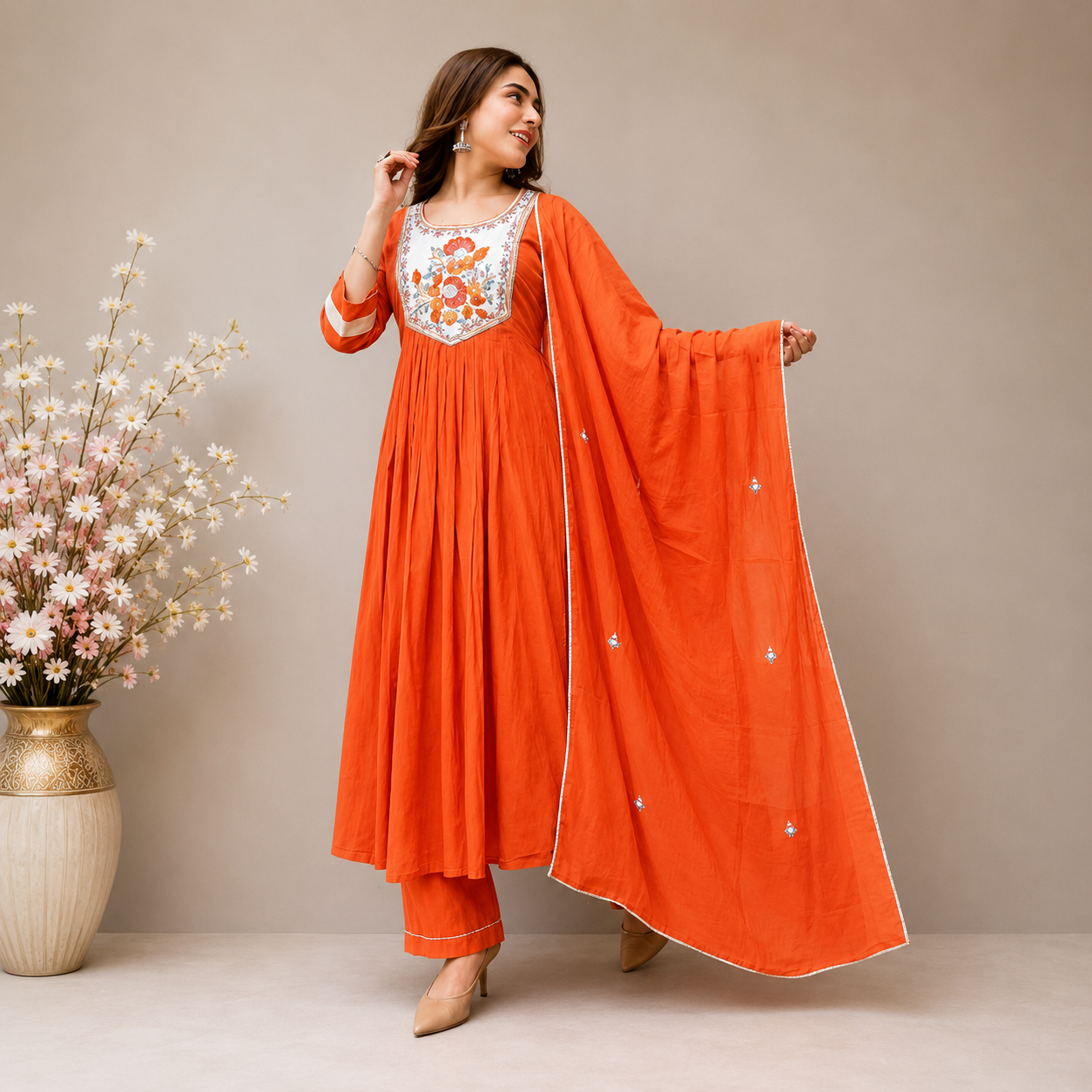 Women's Orange Embroidered Cotton Blend Kurta Pant & Dupatta Set