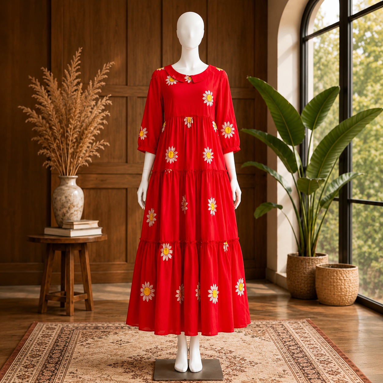 Women's Red Floral Printed Tiered Maxi Dress