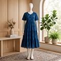 Women's Navy Blue Floral Printed Tiered Midi Dress