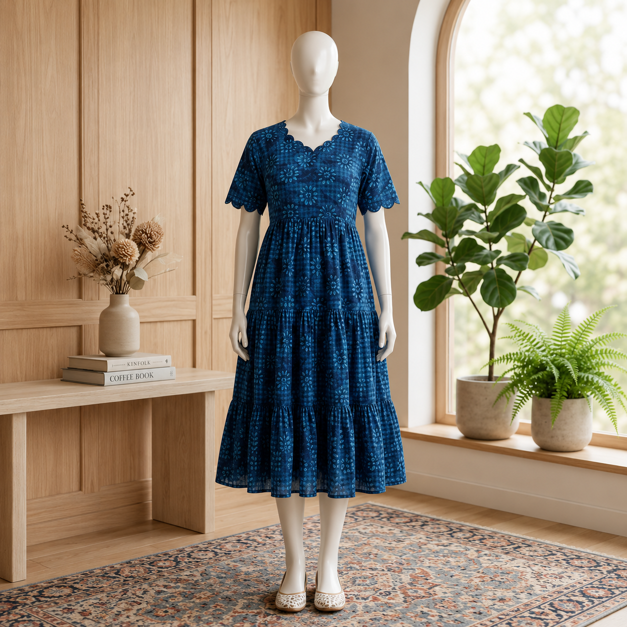 Women's Navy Blue Floral Printed Tiered Midi Dress