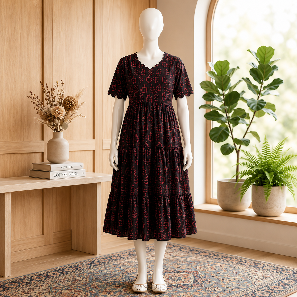 Women's Black Printed Tiered Midi Dress