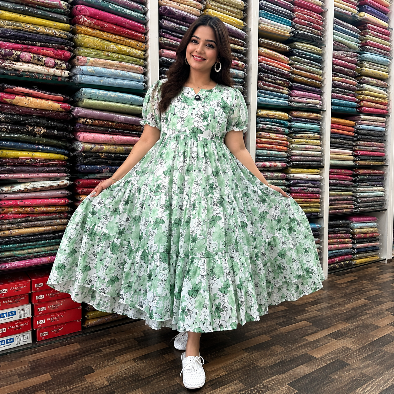 Women's Green Floral Print Cotton Blend Tiered Midi Dress with Puff Sleeves