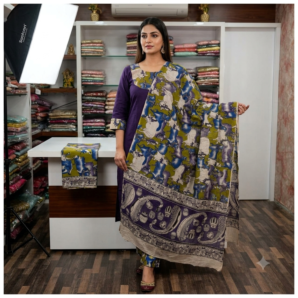 Women's Purple Cotton Straight Kurta Set with Printed Dupatta