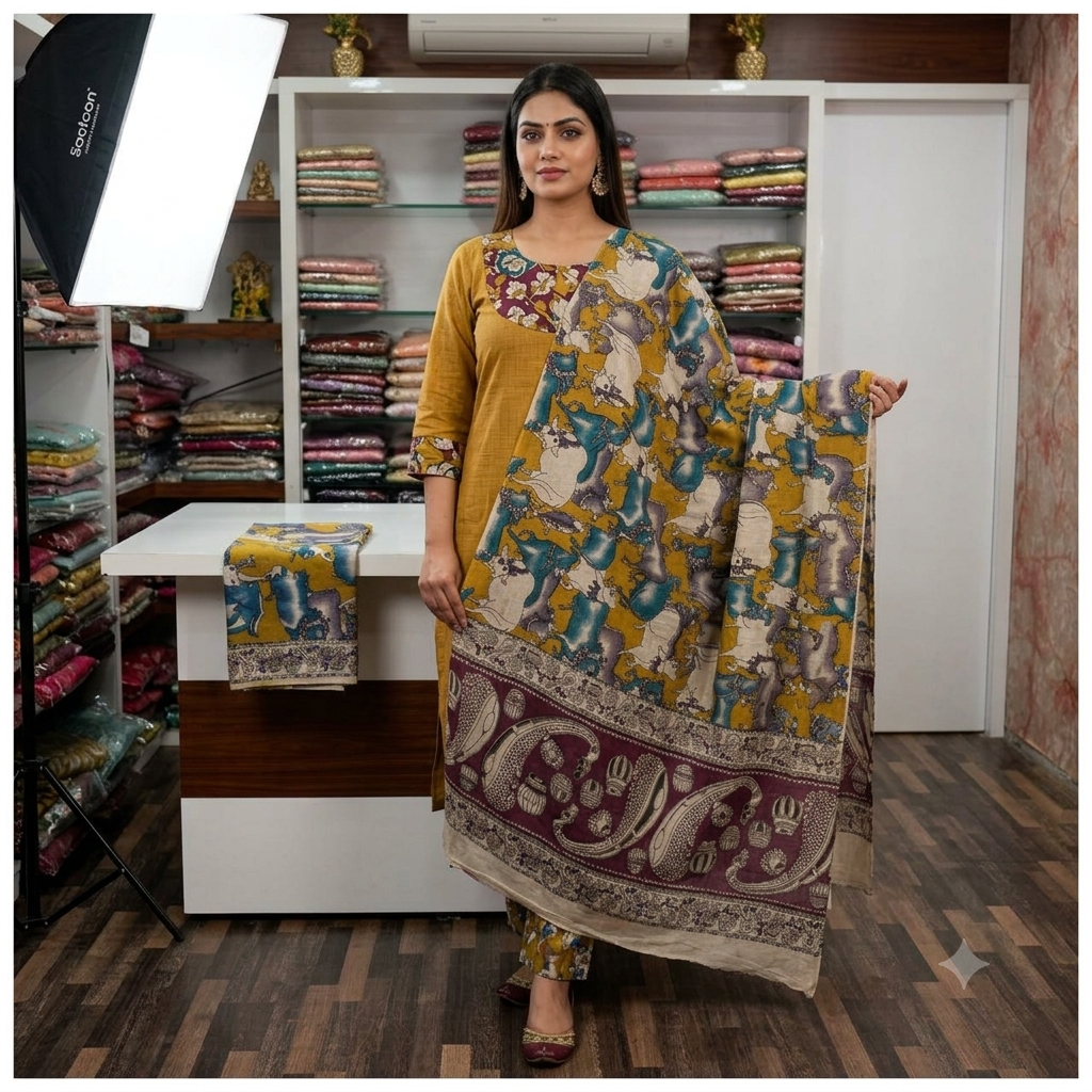 Women's Mustard Yellow Cotton Straight Kurta Set with Printed Dupatta