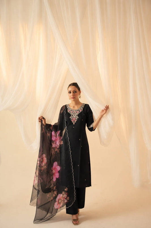 Black Floral Embroidered Straight Kurta Set with Printed Organza Dupatta.