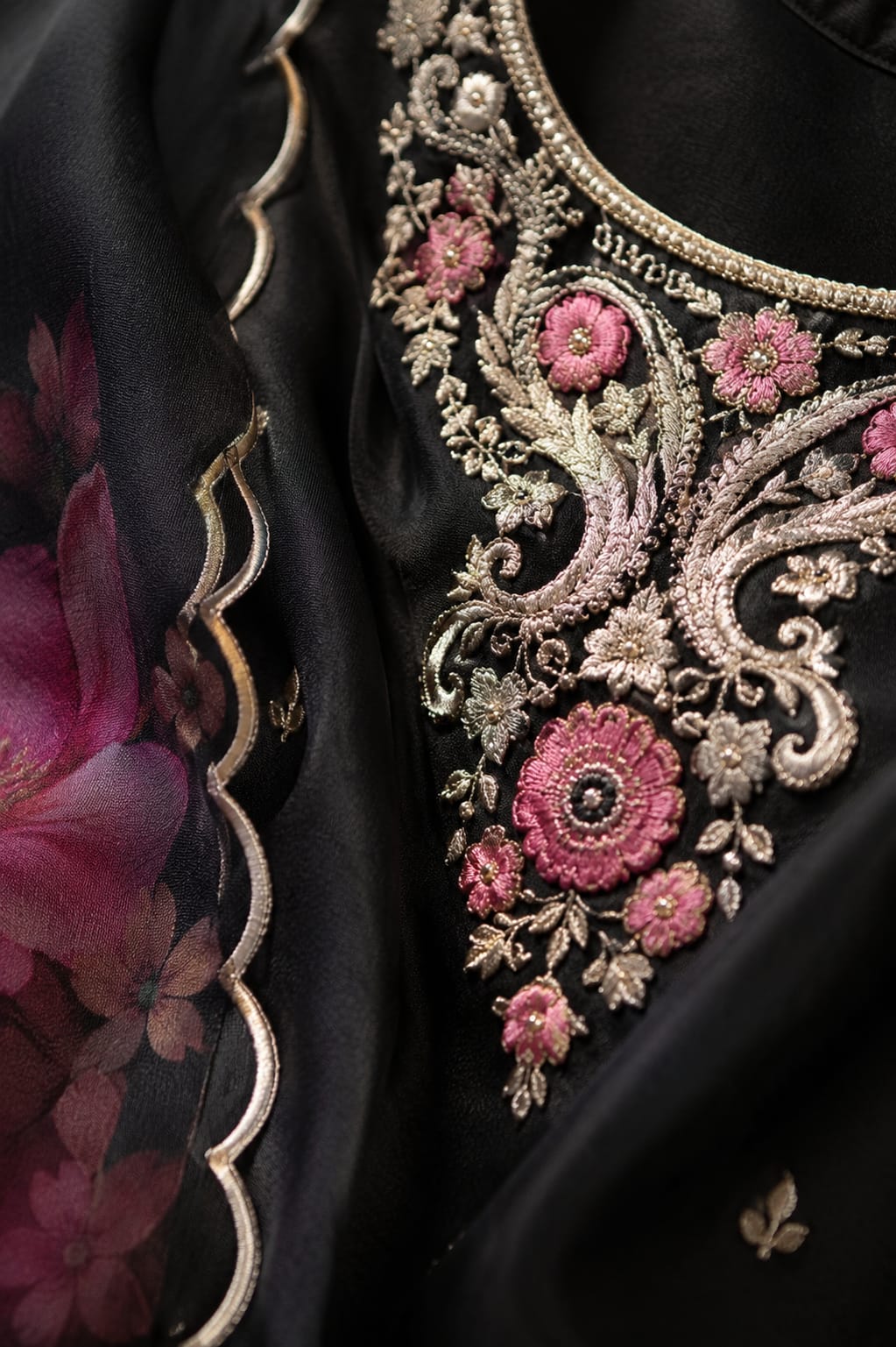Black Floral Embroidered Straight Kurta Set with Printed Organza Dupatta.